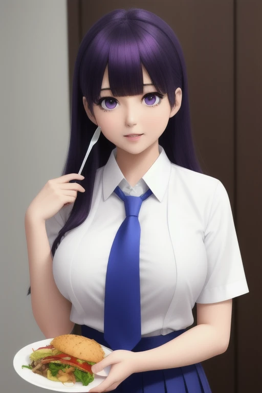 1girl, anime screencap, asymmetrical bangs, bangs, blue neckwear, breasts, eating, food, hair ornament, highres, holding, holding_food, large breasts, looking down, mieruko-chan, necktie, orange_hair, purple eyes, school uniform, screencap, shirt, stitched, white_shirt, yurikawa hana