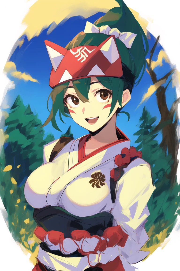 masterpiece, best quality, kiriko \(overwatch\), green hair, ponytail, brown eyes, facial mark, fox mask, half mask, smile, open mouth, medium breasts, white kimono, red skirt, arms behind back, upper body, portrait, forest