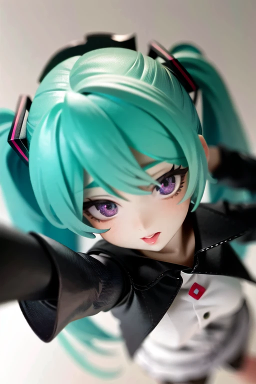 (masterpiece, best quality, absurdres, foreshortening, from_above, fisheye:1.2), photo of a highly detailed (figma) of (hastune miku:1.2), 1girl, solo, [realistic], rendered in blender