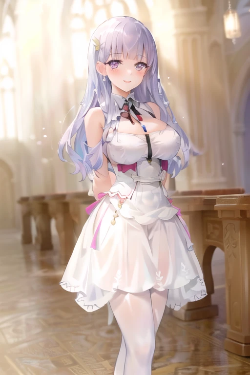 (masterpiece:1.3), best quality, high quality, absurdres, 1girl, solo, (an extremely delicate and beautiful girl), (arms behind back:1.1), white dress, half gloves, high heels, blunt bangs, shiny white pantyhose, seductive smile, <lora:plmtazln_release:0.8>