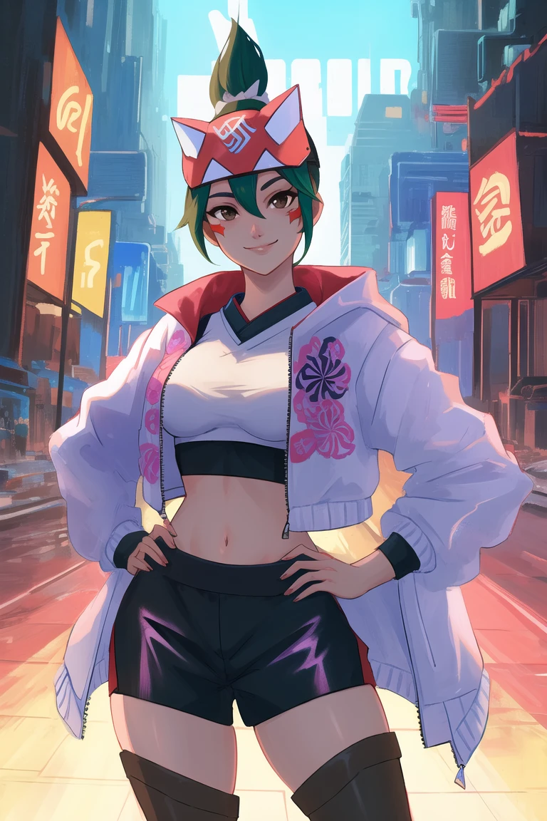 masterpiece, best quality, kiriko \(overwatch\), green hair, ponytail, brown eyes, facial mark, fox mask, half mask, smile, medium breasts, white crop top, black jacket, midriff, black shorts, hands on hips, cowboy shot, city, cyberpunk