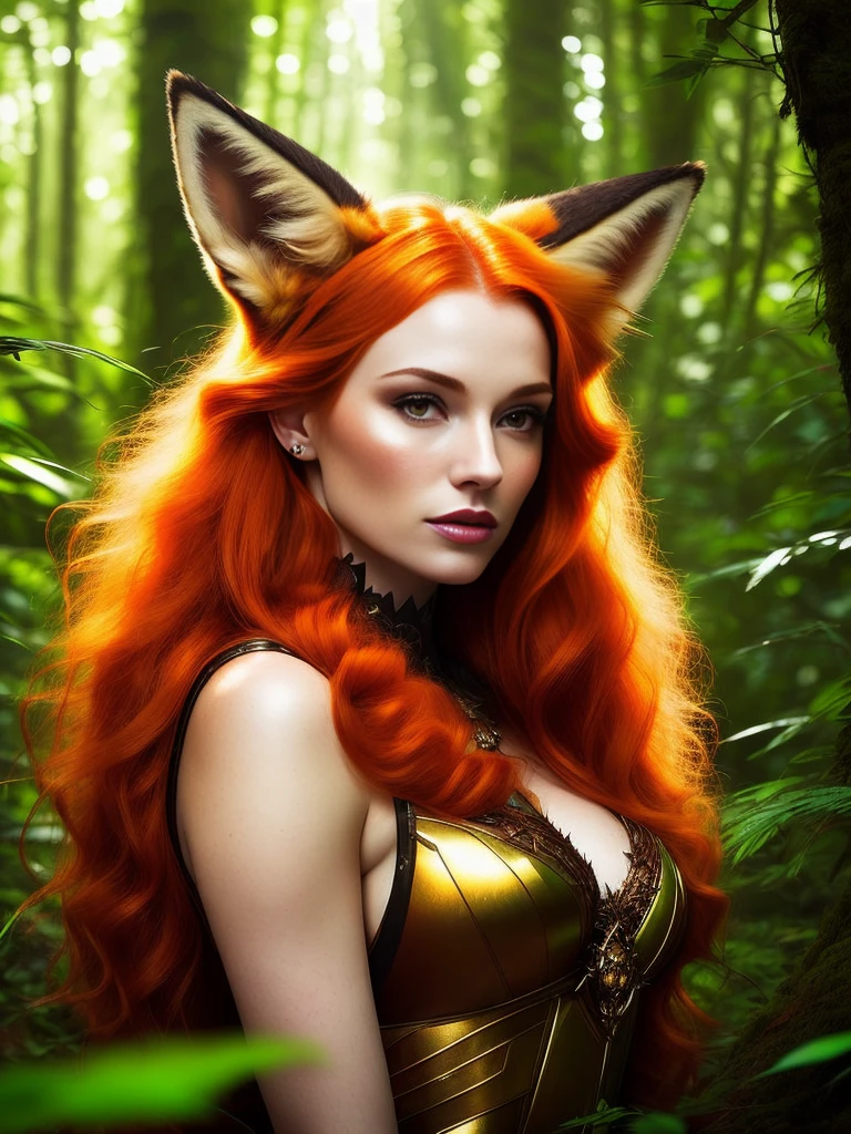 award winning digital art of a beautiful woman with fox ears and tail, (ginger hair), fur, fully clothed, in a lush forest, fantasy, d&d, masterpiece, best quality, high contrast, soft lighting, backlighting, bloom, light sparkles, chromatic aberration, smooth, sharp focus
