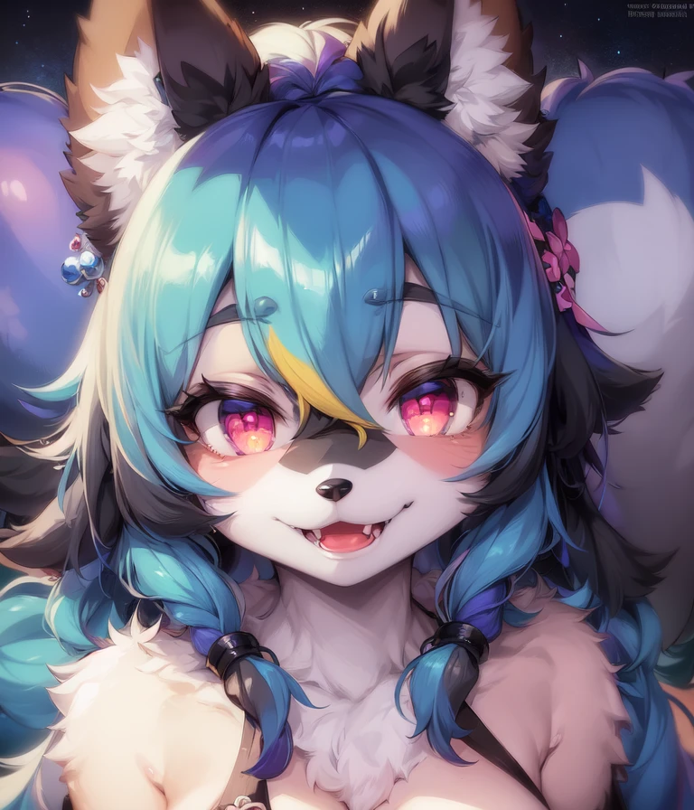 (fluffy anthro furry:1.3), furry raccoon, (Michiru:1.1), small breasts, 1girl, solo, blue hair, (multicolored eyes:1.3), fox ears, portrait<hypernet:furry_kemono:0.75>