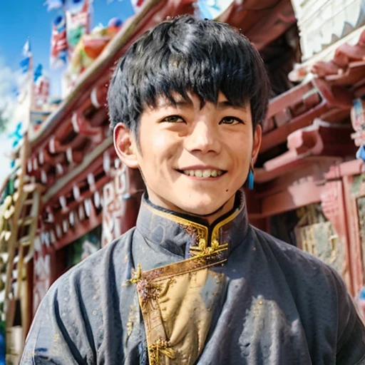 Masterpiece, best quality, 1 man, tibetan clothes, grin, <lora:DingZhenLora:1>, closeup of face