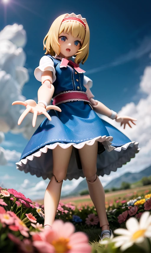(masterpiece, best quality, absurdres, foreshortening, fisheye:1.2), photo of a highly detailed (figma:1.2) of (alice margatroid:1.3), doll_joints, 1girl, solo, (flowers:1.2), outdoors, [[realistic, 3d, 3dcg, physically based rendering, rendered in blender, subsurface scattering]]