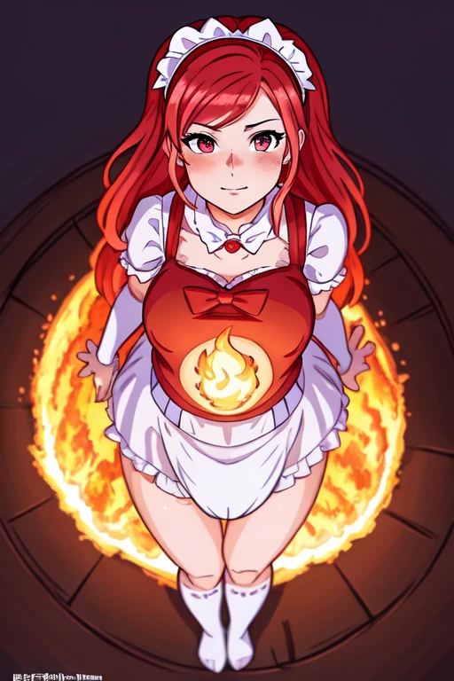 high quality, 1girl woman, from above, Bunny Maid Lucie, diaper, red hair, doe eyes, fire in the background, art by shinkai makoto, studio ghibli, studio key, hideaki anno, sakimichan, artgerm, rossdraws, james jean, marc simonetti, digital painting