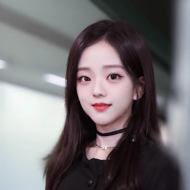 (close-up photo of Jisoo:1.3), standing in a train station of Seoul, red lips, smiling, 1woman, sleeveless black button shirt, black skirt, black choker, (Kpop idol), best quality, ultra high res, (photorealistic:1.4), <lora:Jisoo Blackpink:1>