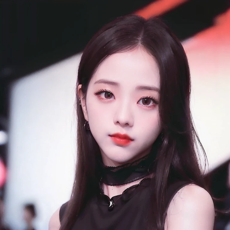 (close-up portrait of Jisoo:1.3), standing on a runway in Paris, red lips, 1woman, sleeveless black button shirt, black skirt, black choker, (Kpop idol), best quality, ultra high res, (photorealistic:1.4), <lora:Jisoo Blackpink:1>