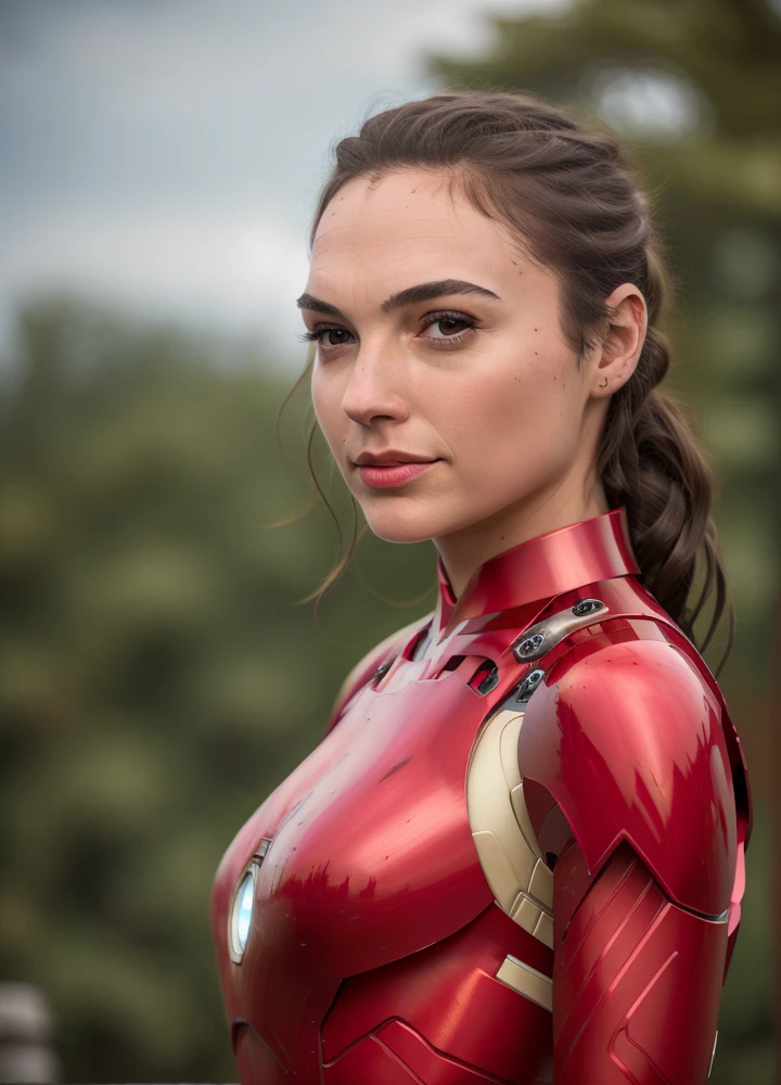 highres, masterpiece, 1girl, solo, best quality, realistic, outdoors, gldot,looking at viewer, perspective shot, in (Ironman suit), sweat, petite, navel, black hair, smirk