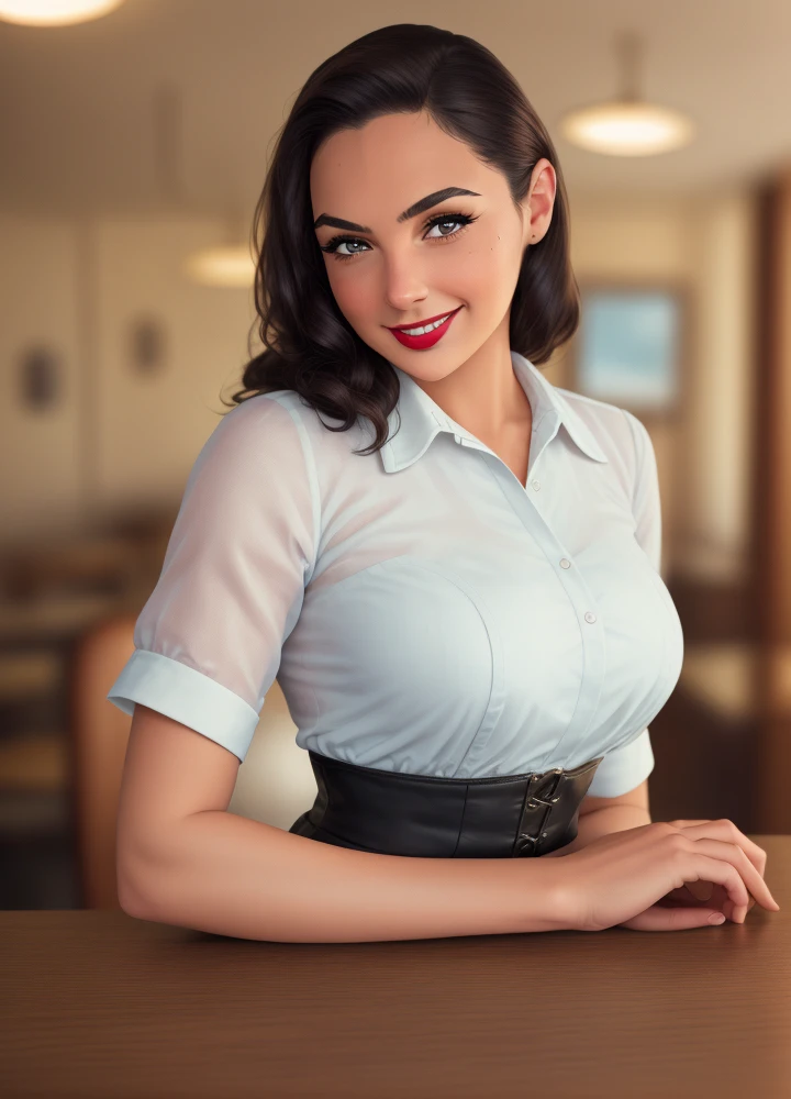 Beautiful girl black hair blue eyes black pants busty with loose shirt in the center of a cafe