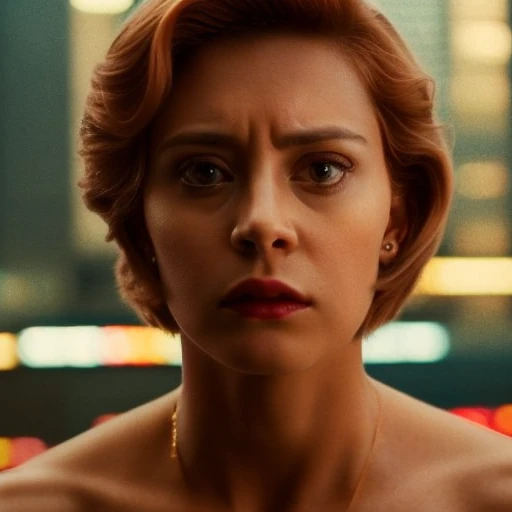 (35mmstyle:1) ((portrait photo) artstyle close portrait photo film still of A close-up portrait of a confident woman, with a fierce expression and piercing gaze, standing against a backdrop of a bustling cityscape with towering skyscrapers and bright lights, depth of field, Cinematic film still, 35mm