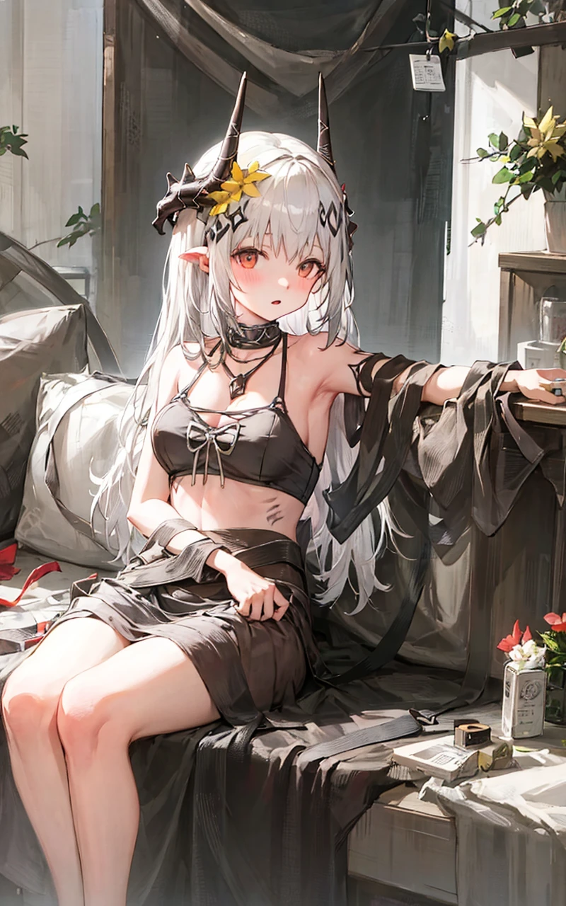 masterpiece,1girl,solo, <lora:MudrockSummerV1-000008:1>,horns,white hair,sitting,long hair,very long hair,