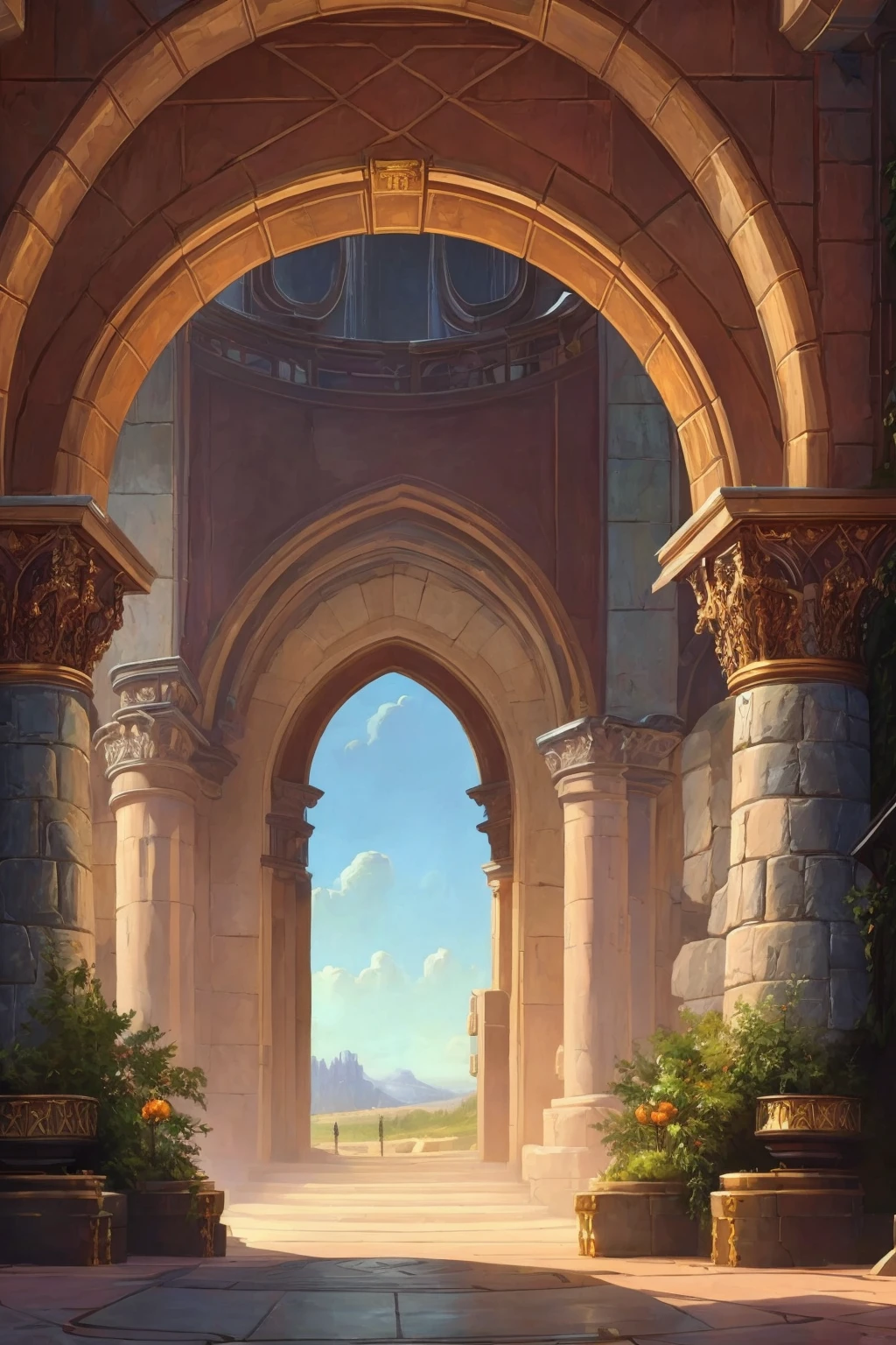 Intricately detailed stone luxurious fantasy castle arch column stone walls, (masterpiece) (best quality) (detailed) (8k) (HDR) (wallpaper) (cinematic lighting) (sharp focus) (intricate) Game of Thrones hogwarts PaintStyle4 protogemb2