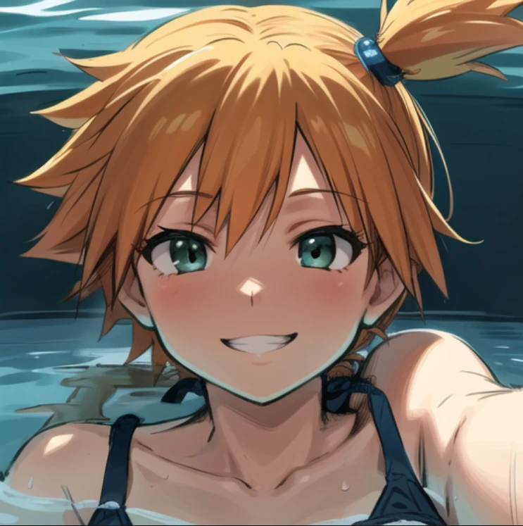 beautiful, masterpiece, best quality, extremely detailed face, perfect lighting, 1girl, solo, green eyes, <lora:Misty:0.9>, swimsuit, bikini, smile, grin, partially submerged, sketch, ocean
