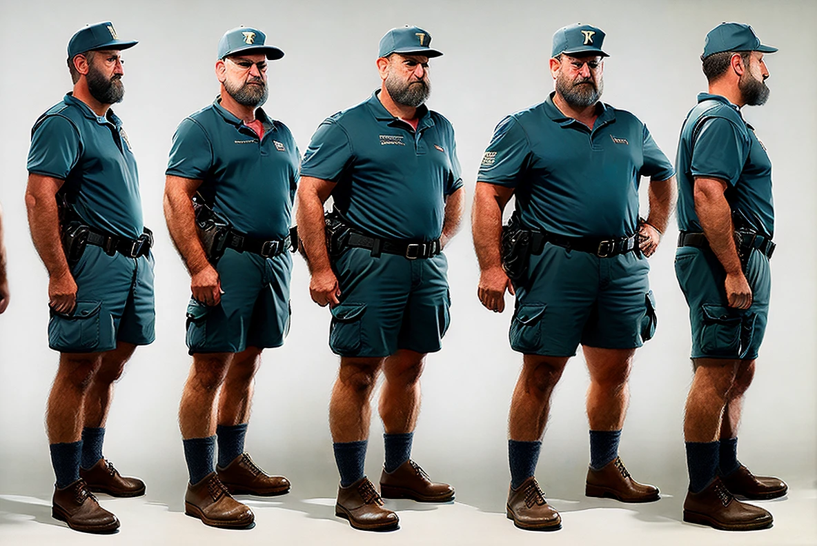21CharTurnerV2 (character turnaround:1) of a mailman. Male, dark hair, tattoos, blue uniform. multiple views of the same character, Highly detailed,, classicnegative