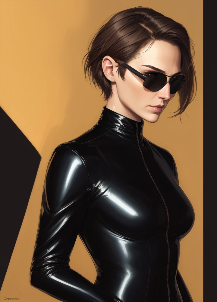 portrait photo of (gldot), dressed as (Trinity from the Matrix:1.3) in a (long black overcoat) wearing skintight latex clothing, (wearing black sunglasses from the 90s:1.3), high heel boots, highly detailed, photorealism, digital painting, artstation, concept art, sharp focus, illustration, best quality, 4k, art by artgerm and greg rutkowski and alphonse mucha, (short hair combed back:1.3), (perfect eyes:1.2)