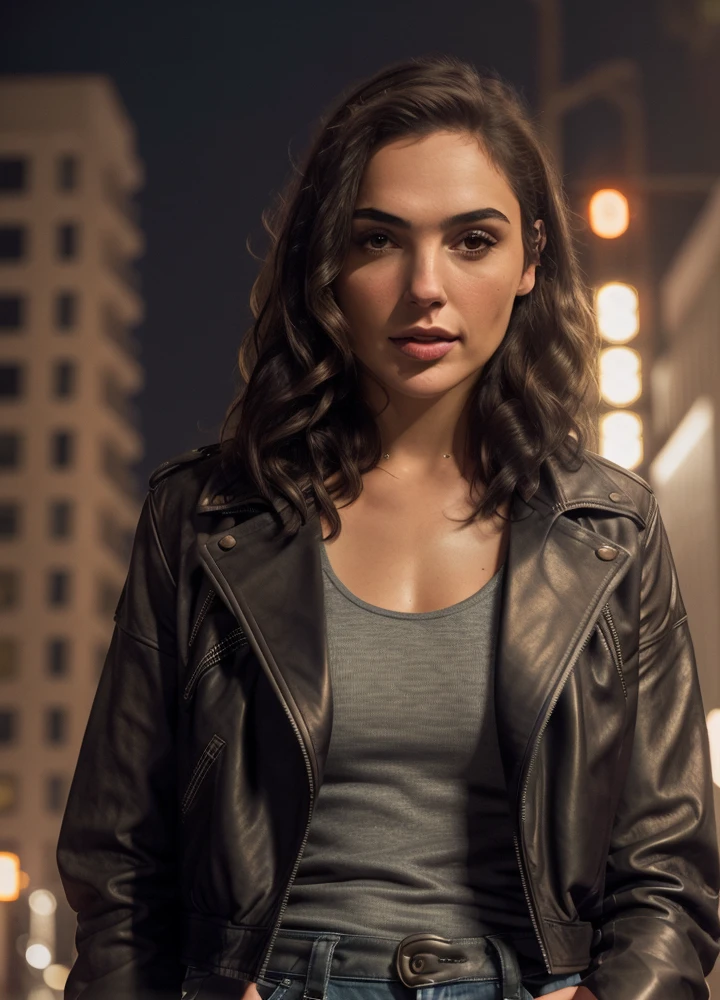 Portrait of gldot as a beautiful female model, georgia fowler, beautiful face, with short dark brown hair, in cyberpunk city at night. She is wearing a leather jacket, black jeans, dramatic lighting, (police badge:1.2)