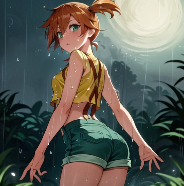 beautiful, masterpiece, best quality, extremely detailed face, perfect lighting, 1girl, solo, green eyes,  <lora:Misty:0.9>, yellow shirt, crop top,  suspender shorts, from behind, cowboy shot, wet, outdoors, raining, night, moonlight