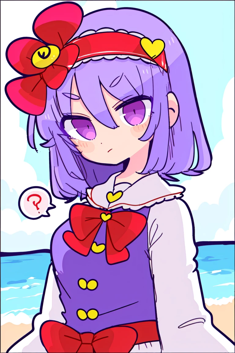 skistyle, 1girl, komeiji satori, shirt, short hair, blue shirt, solo, ?, third eye, heart, long sleeves, (at the beach), hairband, blouse, frills, purple hair, frilled shirt collar, purple eyes, hair ornament, upper body, wide sleeves, buttons, heart hair ornament, spoken question mark, frilled sleeves, collared shirt, heart button, pink eyes, ribbon trim, pink hair, closed mouth