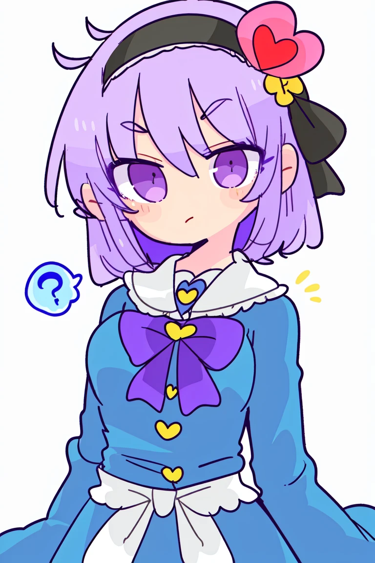 skistyle, 1girl, komeiji satori, shirt, short hair, blue shirt, solo, ?, third eye, heart, long sleeves, at the beach, hairband, blouse, frills, purple hair, frilled shirt collar, purple eyes, hair ornament, upper body, wide sleeves, buttons, heart hair ornament, spoken question mark, frilled sleeves, collared shirt, heart button, pink eyes, ribbon trim, pink hair, closed mouth