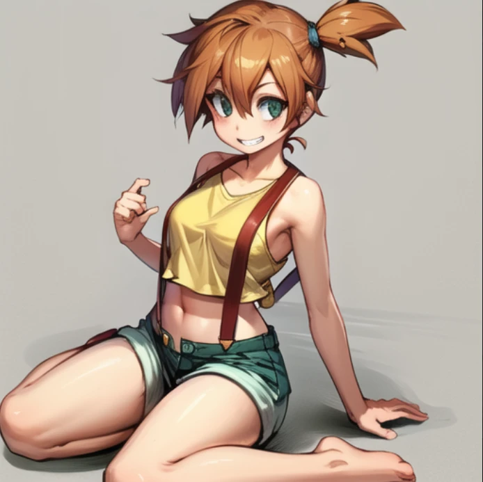 beautiful, masterpiece, best quality, extremely detailed face, perfect lighting, 1girl, solo, green eyes, misty \(pokemon\), <lora:Misty:1>, bangs, bare arms, barefoot, blue shorts, blush, breasts, collarbone, denim, full body, grin, hair between eyes, looking at viewer, shirt, short shorts, shorts, simple background, sitting, sleeveless, sleeveless shirt, smile, solo, suspenders, white background, yellow shirt
