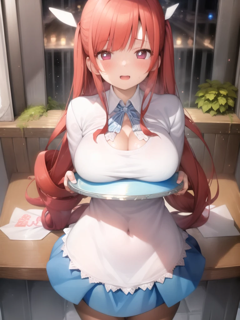 (masterpiece), (best quality)
breasts on tray, round tray, 1girl, white shirt, blue skirt, cafe, medium breasts