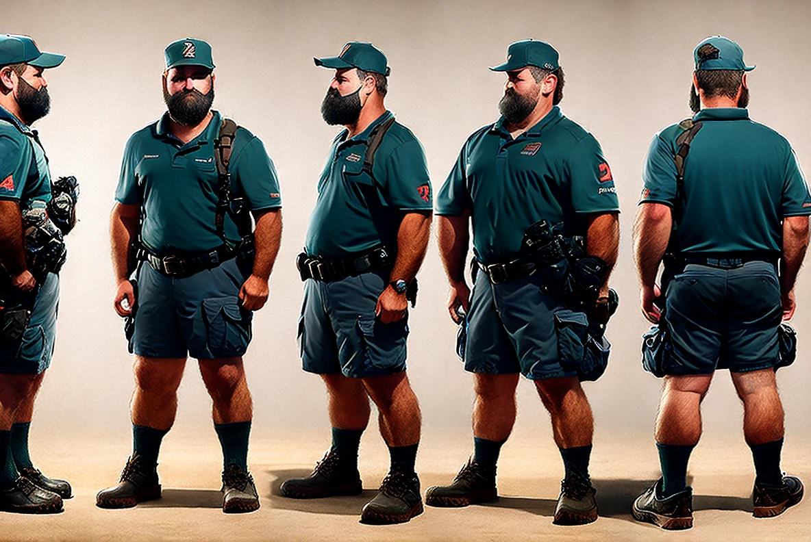 21CharTurnerV2 (character turnaround:1) of a mailman. Male, dark hair, tattoos, blue uniform. multiple views of the same character, Highly detailed,, classicnegative