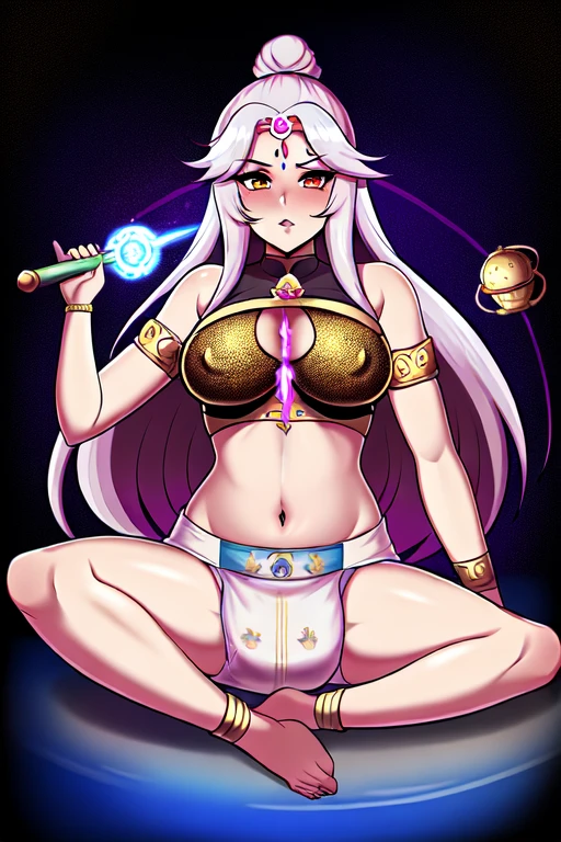 high quality, 1girl woman, ((indian) goddess), buddhism, shiva, mahadeva, (diaper), using magic skull weapon, (battle scene), against immortal Huaguang, in space, floating over planets, quantum river, futurism, photorealism, super realistic photo in high detail, black and gold, vivid