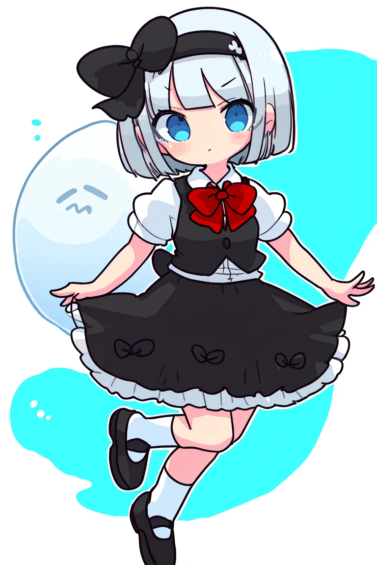 skistyle, 1girl, konpaku youmu, green skirt, skirt, shirt, white shirt, hairband, green vest, bow, short sleeves, blue eyes, black bow, short hair, bowtie, black ribbon, black hairband, white background, solo, vest, konpaku youmu (ghost), grey hair, collared shirt, black bowtie, ribbon, simple background, puffy short sleeves, bob cut, black footwear, skirt set, puffy sleeves, socks, hair ribbon, frills, shoes, frilled skirt, full body, white socks, bow hairband, bangs