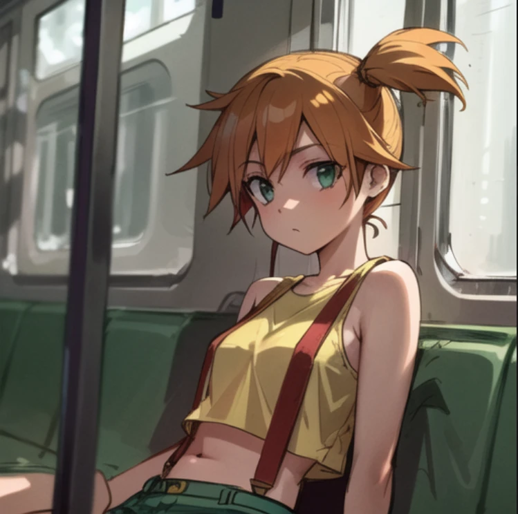 beautiful, masterpiece, best quality, extremely detailed face, perfect lighting, 1girl, solo, green eyes,  <lora:Misty:0.9>, yellow shirt, crop top,  suspender shorts, from side, sketch, upper body, indoors, train interior