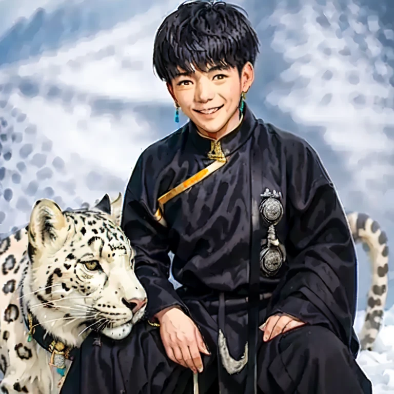 Masterpiece, best quality, a man grins, wearing black tibetan clothes, sitting and leaning on a snow leopard,dramatic lighting, <lora:DingZhenLora:1>
