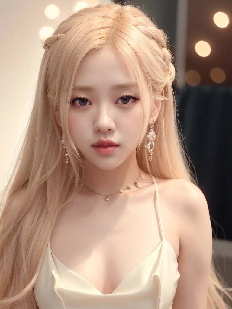 Blonde Jennie Kim with braids tied in a baby pink satin bow and long bangs. Wearing a lilac silk dress with lace and nails painted pearl white. No background um quarto moderno fofo aesthetic.