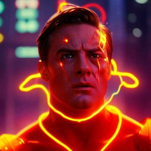 (35mmstyle:1) artstyle face portrait photo film still of A Supervillian with glowing skin surrounded by electricity, New York City is in the background, depth of field, epic, Circa 1990