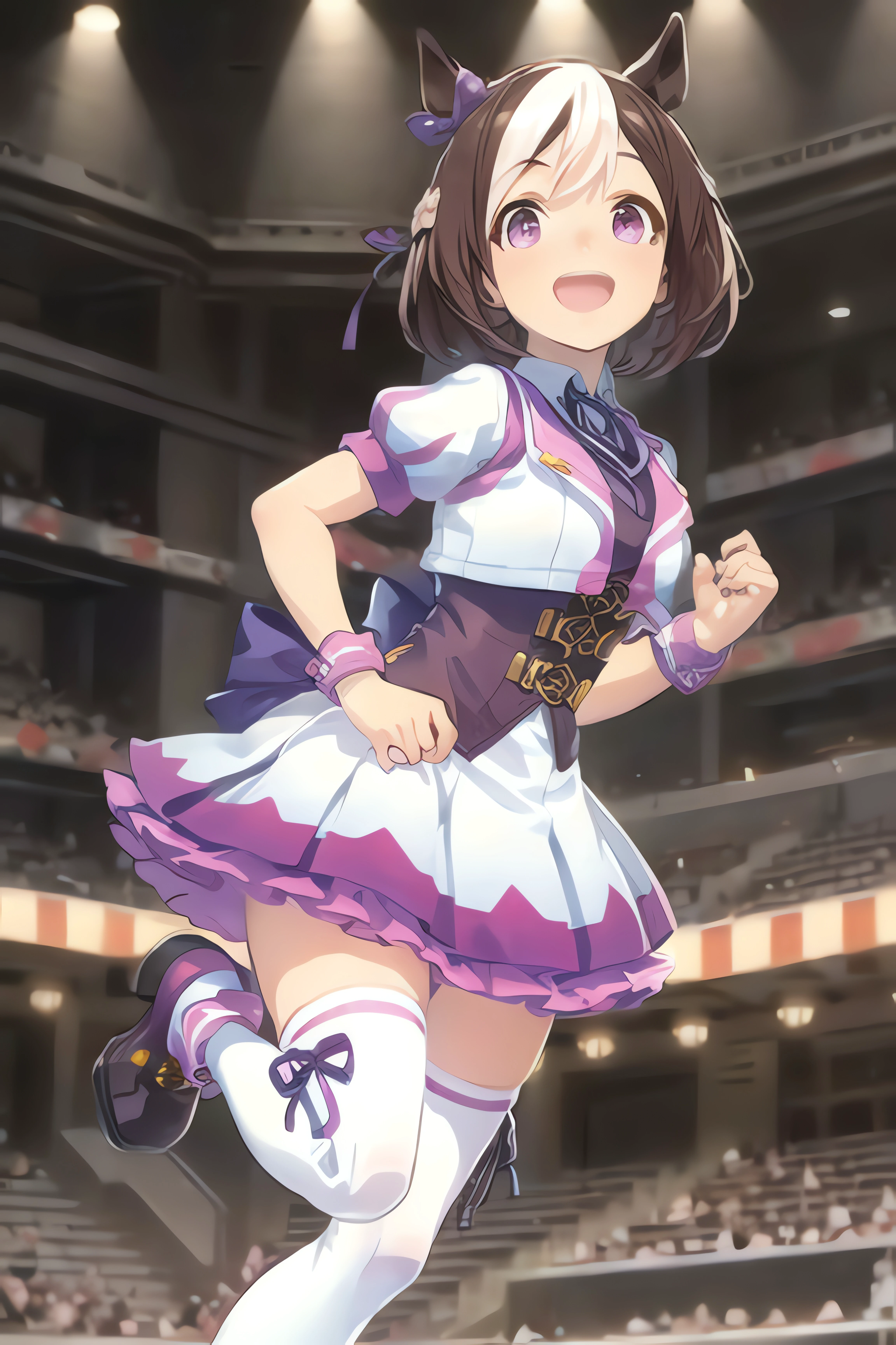 special_week_\(umamusume\), shobufuku, white collared shirt, puffy short sleeves, ribbon, bow, corset, white thighhighs, asymmetrical footwear, mismatched footwear, stage, happy, singing, standing, from above, perspective, from below, best quality, dynamic angle, high res