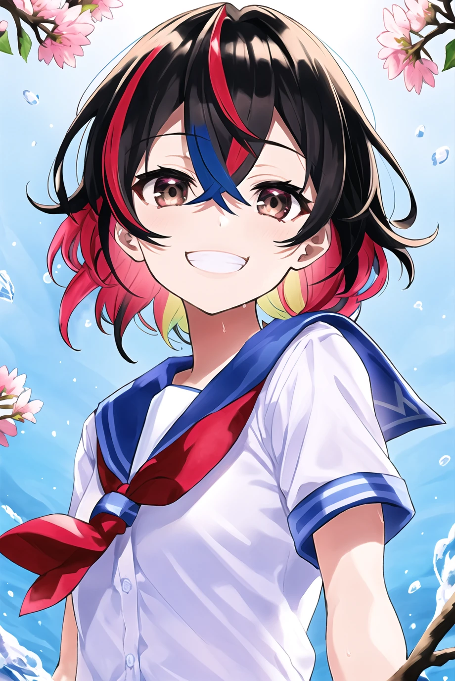 mika pikazo, 1girl, bangs, black hair, blue sailor collar, bow, branch, brown eyes, egasumi, flower, grin, hair between eyes, looking at viewer, multicolored hair, pink flower, red bow, sailor collar, shirt, short sleeves, smile, solo, upper body, water, white shirt

<lora:mika_pikazo:0.65>