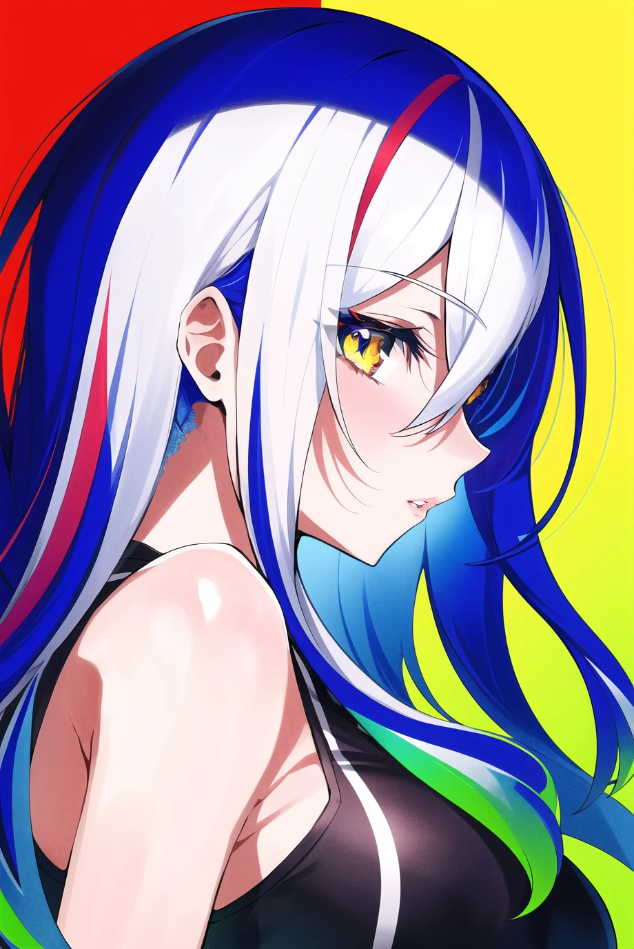 mika pikazo, 1girl, bare shoulders, blue hair, breasts, double exposure, from side, gradient hair, hair between eyes, hair over one eye, hair strand, halftone, long hair, looking ahead, looking at viewer, multicolored eyes, multicolored hair, parted lips, profile, red background, simple background, solo, streaked hair, symbol-shaped pupils, upper body, white hair, yellow eyes

<lora:mika_pikazo:0.65>