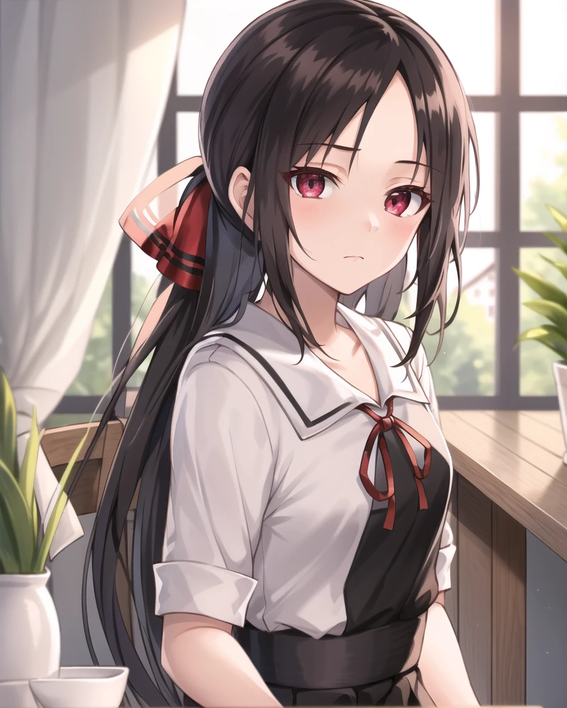 best quality,highly detailed,masterpiece,ultra-detailed,solo,1girl,white background,delicate eyes,shuuchiin_academy_uniform, shinomiya_kaguya, red_ribbon,black_hair,folded_ponytail, hair_ribbon,deep red eyess,bangs,black_dress,eyebrows_visible_through_hair, sidelocks,bare forehead,expressionless, sitting, caustics,