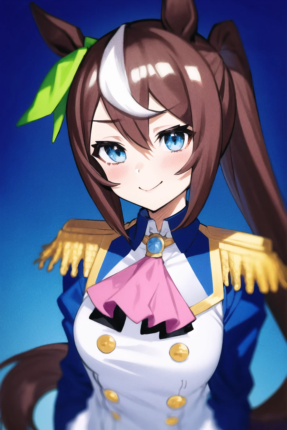 mika pikazo, tokai teio \(umamusume\), 1girl, animal ears, ascot, blue eyes, blush, brown hair, closed mouth, collared shirt, epaulettes, horse ears, long hair, looking at viewer, multicolored hair, pink ascot, ponytail, shirt, smile, solo, streaked hair, two-tone hair, upper body, white hair, wing collar, umamusume

<lora:mika_pikazo:0.65>