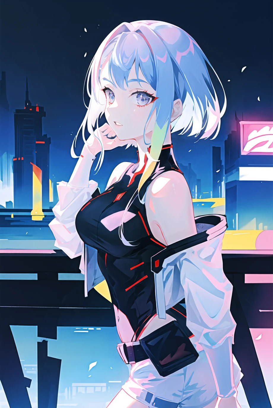 atdan,
lucy \(cyberpunk\), 1girl, against railing,white hair,  arm rest, bangs, bare shoulders, belt, black belt, black leotard, black pants, blurry, bob cut, breasts, building, cityscape, clothing cutout, cropped jacket, cyberpunk, depth of field, from side, gradient eyes, grey eyes, grey hair, jacket, leotard, lips, long sleeves, looking afar, looking ahead, mechanical parts, medium breasts, multicolored eyes, multicolored hair, night, night sky, off shoulder, open clothes, open jacket, outdoors, pants, parted lips, railing, red eyeliner, science fiction, short hair with long locks, short shorts, shorts, sidelocks, sky, solo, standing, teeth, thigh cutout, (portrait), upper teeth only, white jacket, white shorts, cyberpunk \(series\), cyberpunk edgerunners <lora:lucy-000035:0.7>

, ((masterpiece)), absurdres

<lora:atdan:0.65>