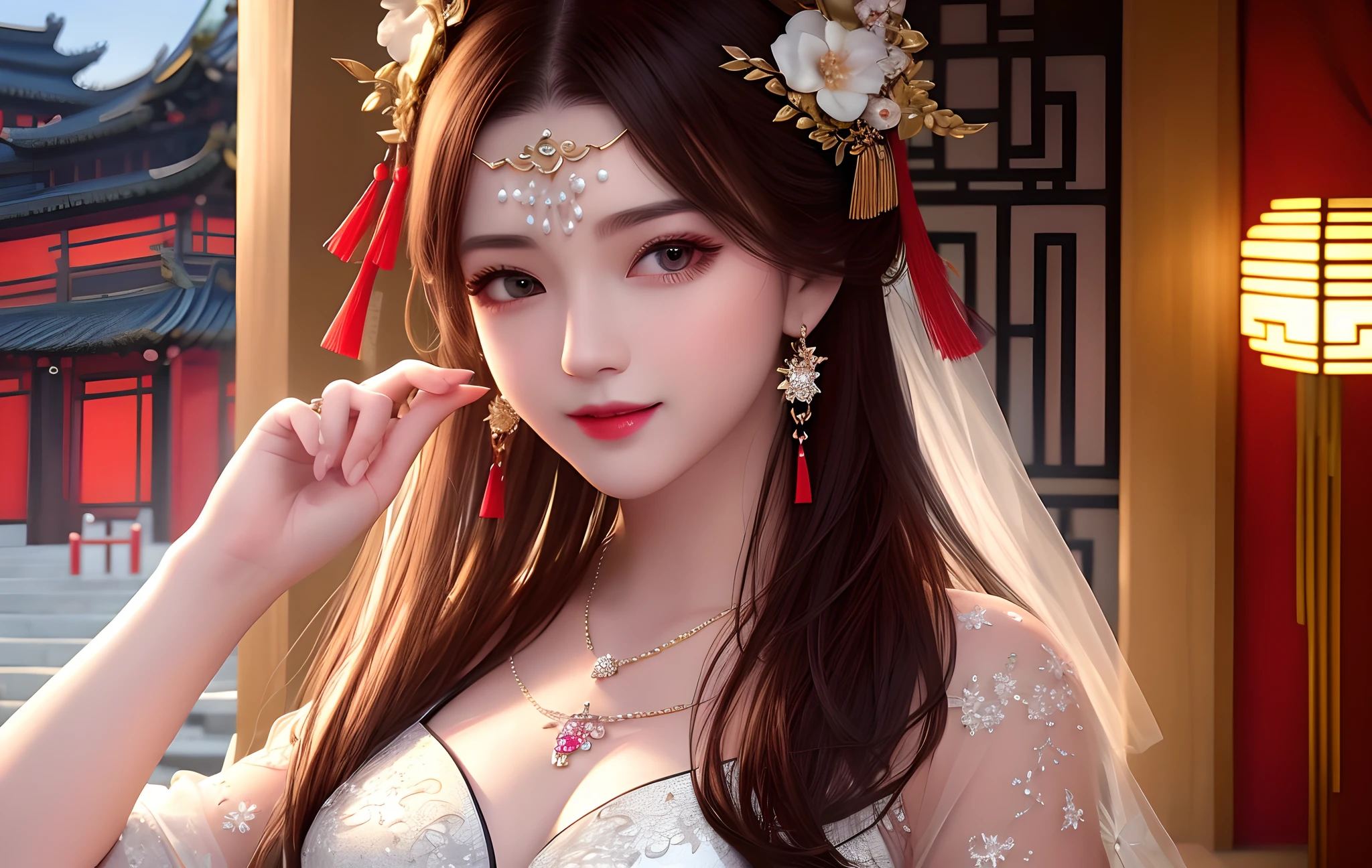 best quality, masterpiece, highres, 1girl,china dress,Beautiful face,
hair ornament, solo,looking at viewer,smile,closed mouth,lips,
dress,hair ornament, necklace, jewelry, long hair, earrings, chinese clothes,
architecture,east asian architecture