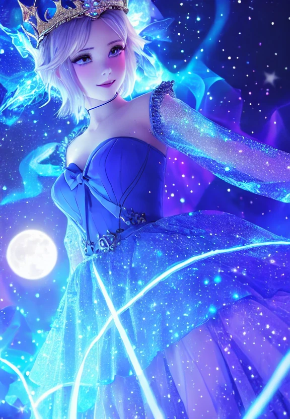 night , ((1 girl)), alone, masterpiece, 8k wallpaper, highres, absurdres, high quality background, short hair, black hair, multicolor hair, beautiful frozen village, (full bright moon), blue dress, detailed dress, jewelry dress, (magic:1.2), blue fire, blue eyes, glowing eyes, fire, ice goddess, (blue detailed beautiful crown), electricity, blue electricity, blue light particles