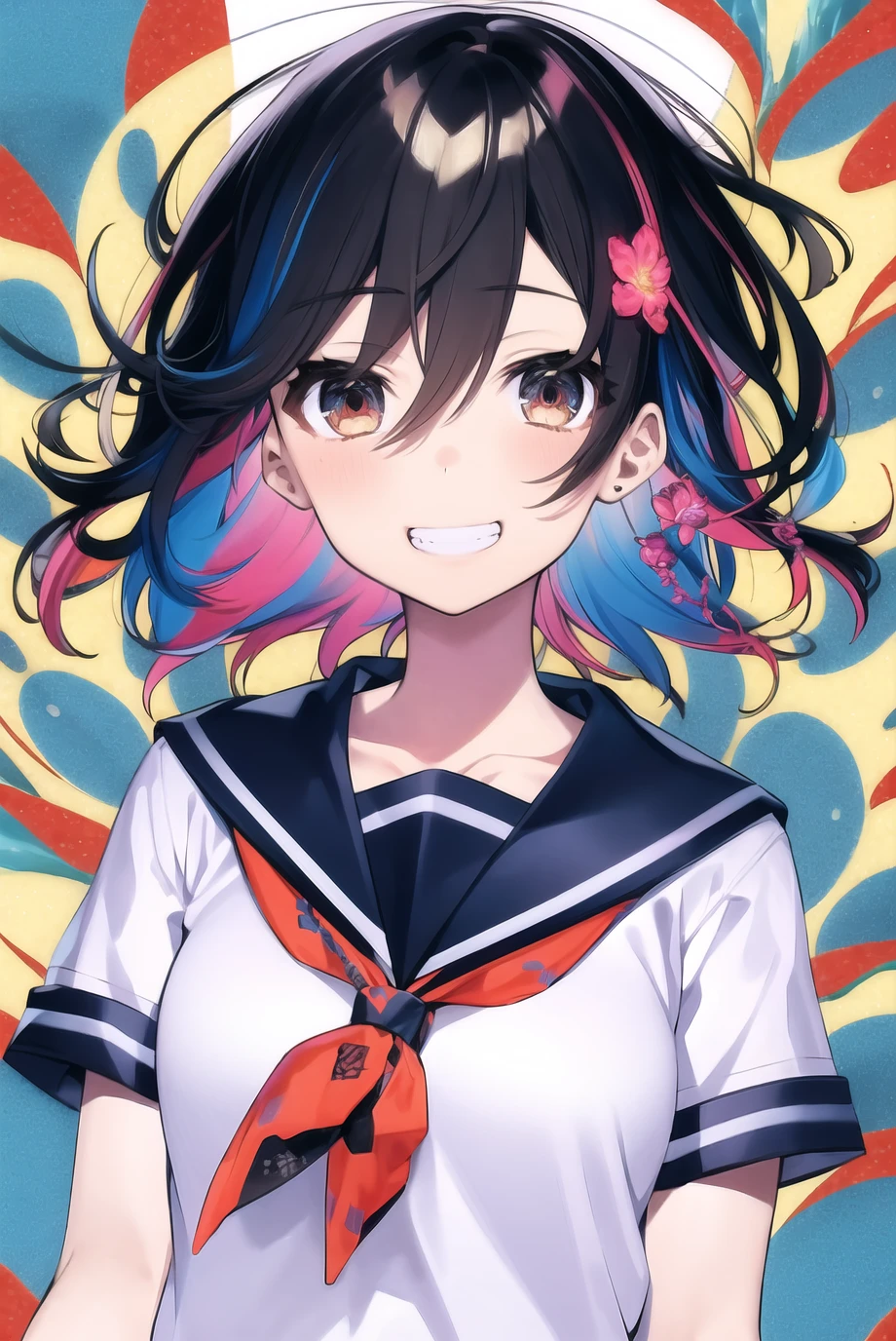 mika pikazo, original, 1girl, (colorful), multicolored hair, (abstract), multicolored eyes,  bangs, black hair, blue sailor collar, bow, branch, brown eyes, egasumi, flower, grin, hair between eyes, looking at viewer, multicolored hair, pink flower, red bow, sailor collar, shirt, short sleeves, smile, solo, upper body, white shirt, short hair, floating hair, 

<lora:mika_pikazo:0.65>