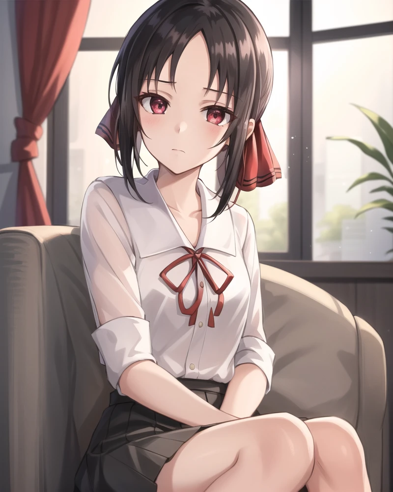 best quality,highly detailed,masterpiece,ultra-detailed,solo,1girl,white background,delicate eyes,shuuchiin_academy_uniform, shinomiya_kaguya, red_ribbon,black_hair,folded_ponytail, hair_ribbon,deep red eyess,bangs,black_dress,eyebrows_visible_through_hair, sidelocks,bare forehead,expressionless, sitting, caustics,