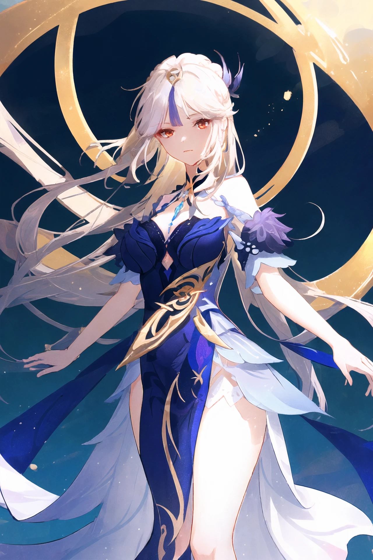 (extremely detailed CG unity 8k wallpaper,masterpiece, best quality, ultra-detailed),(best illumination, best shadow, an extremely delicate and beautiful), floating, high saturation,
dynamic angle, ((1girl)), gorgeous, ningguang \(orchid's evening gown\) \(genshin impact\),
white hair, red eyes, very long hair, hair ornament, bangs