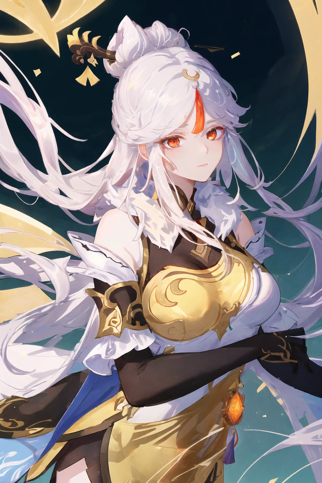 (extremely detailed CG unity 8k wallpaper,masterpiece, best quality, ultra-detailed),(best illumination, best shadow, an extremely delicate and beautiful), floating, high saturation,
dynamic angle, ((1girl)), gorgeous, ningguang \(genshin impact\),
white hair, red eyes, very long hair, hair ornament, bangs