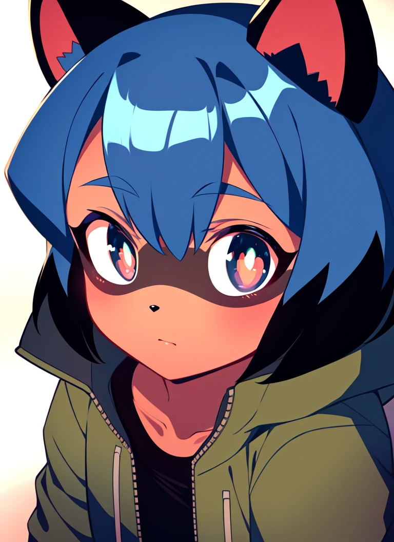 furry raccoon, 1girl, solo, raccoon ears, two-tone hair, (high quality), high res, detailed eyes, detailed shadows, jacket