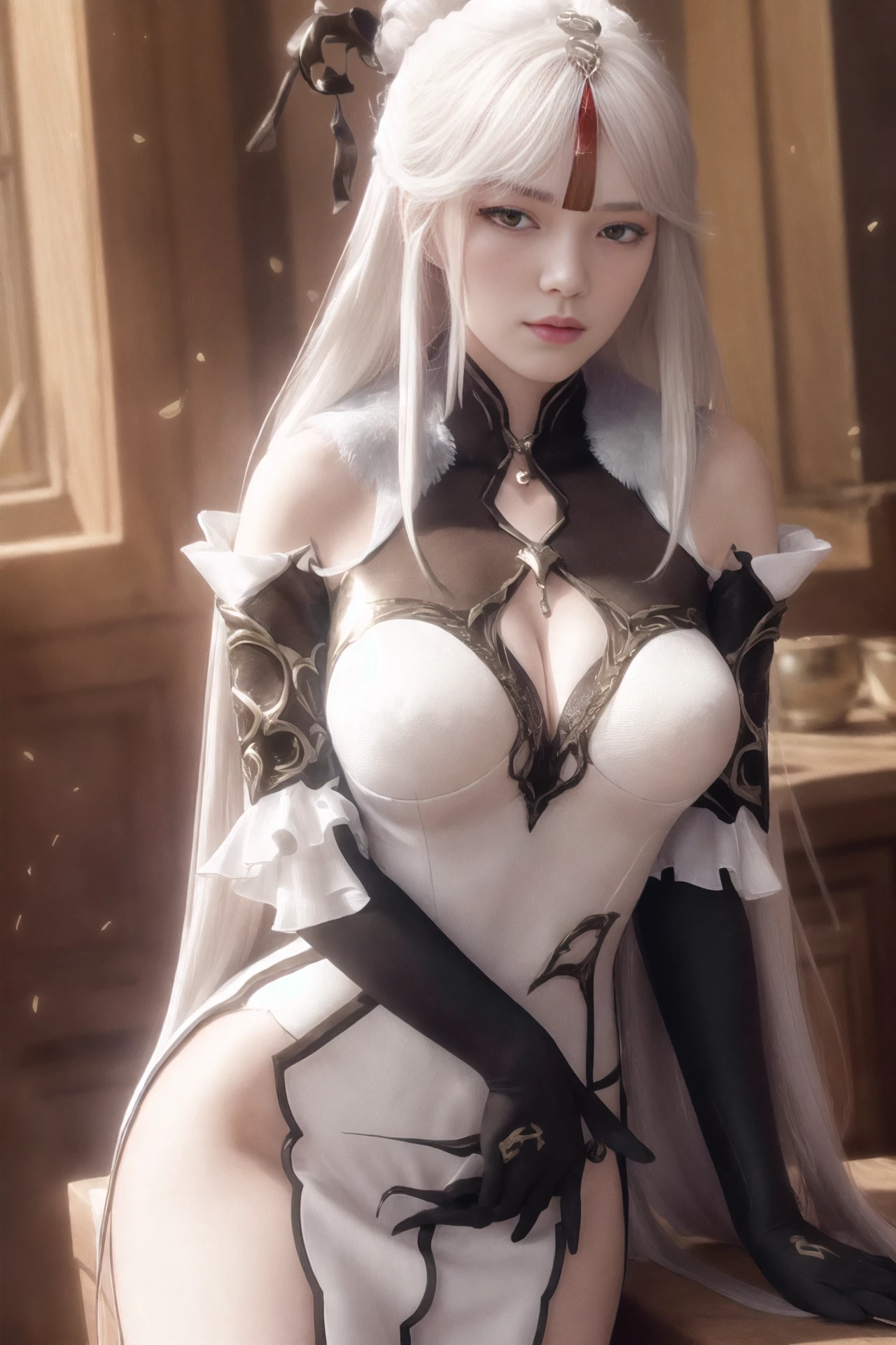 (extremely detailed CG unity 8k wallpaper,masterpiece, best quality, ultra-detailed),(best illumination, best shadow, an extremely delicate and beautiful), floating, high saturation,
dynamic angle, ((1girl)), gorgeous, ningguang \(genshin impact\), cowboy shot,
white hair, red eyes, very long hair, hair ornament, bangs