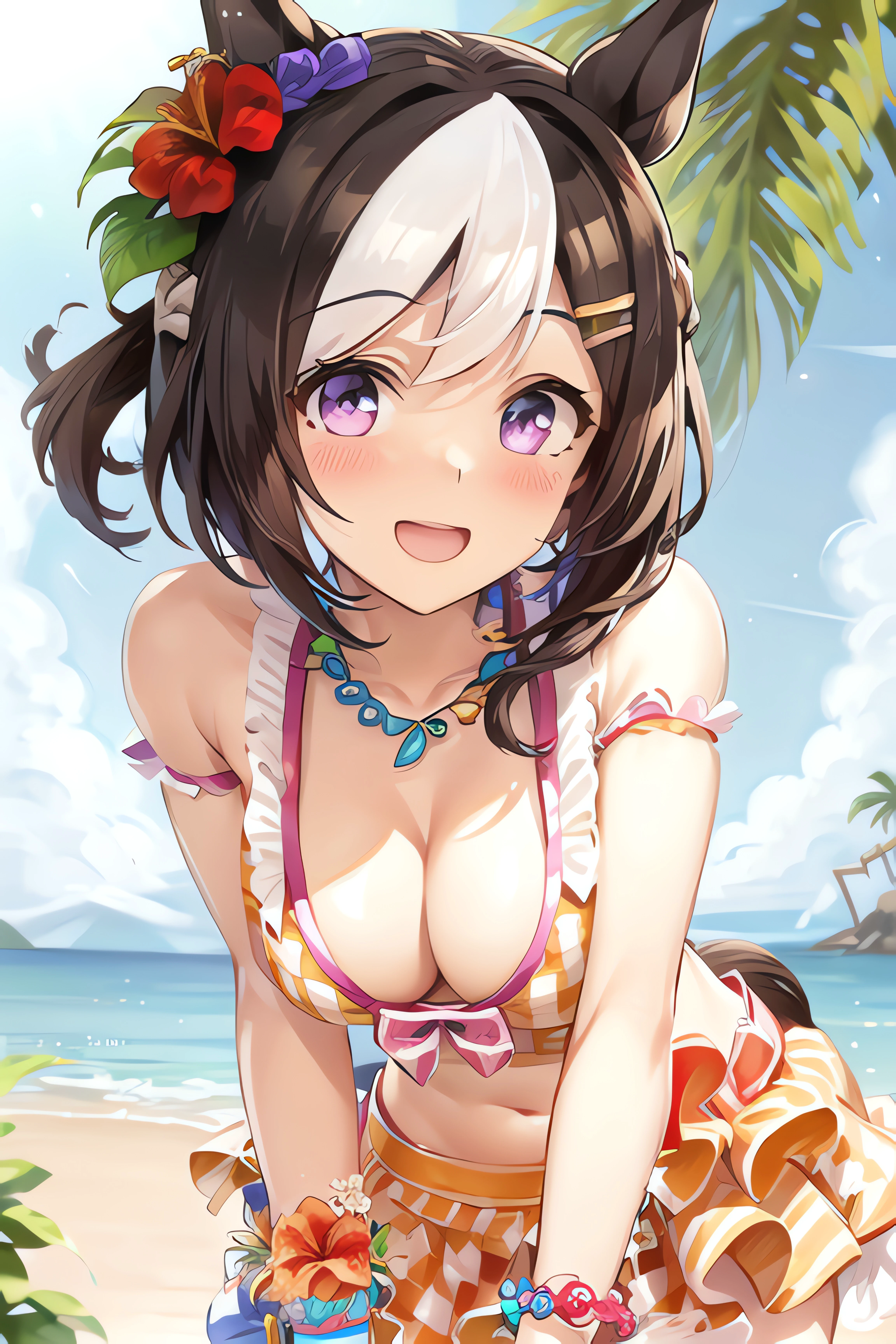 special_week_\(umamusume\), checkered bikini, bikini skirt, necklace, jewelry, hair flower, red hair flower, hibiscus, hairclip, bracelet, looking at viewer, smile, blush, horse tail, (leaning forward:1.5), standing, beach, sunshine, tree