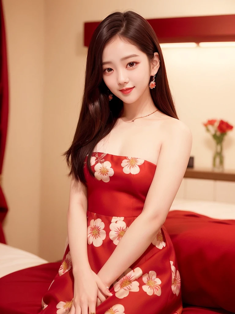 portrait of Jisoo, (smiling:1.1), red lips,(floral dress:1.3), k-pop Idol, ulzzang, contrapposto, best quality, ultra high res, (photorealistic:1.3), 1girl, small breasts, in a bedroom, beauty512, <lora:Jisoo Blackpink:0.7>