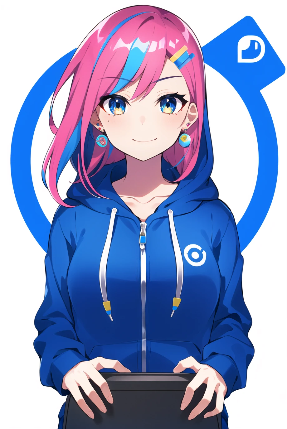 mika pikazo, 1girl, blue eyes, blue hoodie, computer, earrings, hood, hoodie, jewelry, keyboard \(computer\), logo, logo parody, mouse \(computer\), multicolored eyes, pink hair, recycle bin, solo, white background, yellow eyes

<lora:mika_pikazo:0.65>